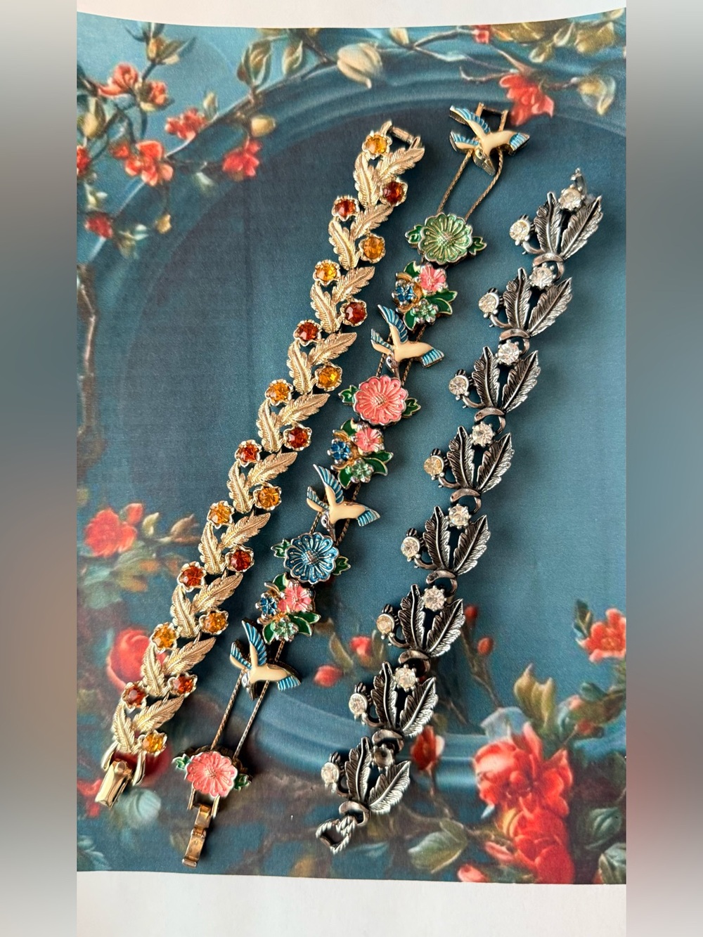 Gold-Tone Floral and Bird Multicolor Bracelet’s Bundle of 3.
